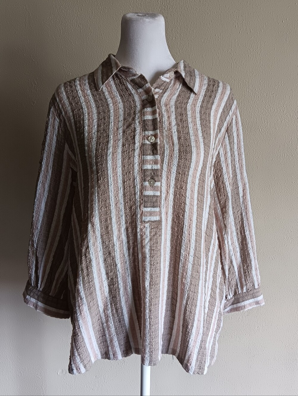 Boho Striped Beige White Button Shirt, Casual Beach M/L Womens Relaxed Top